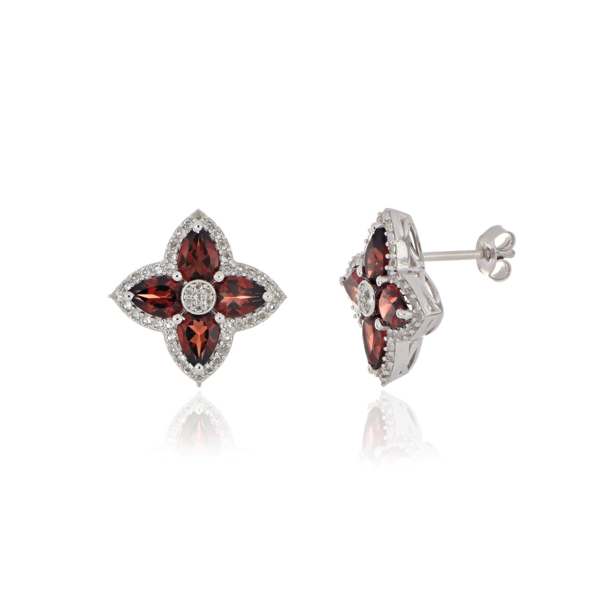 925 Sterling Silver Garnet and White Topaz Floral Cluster Earrings