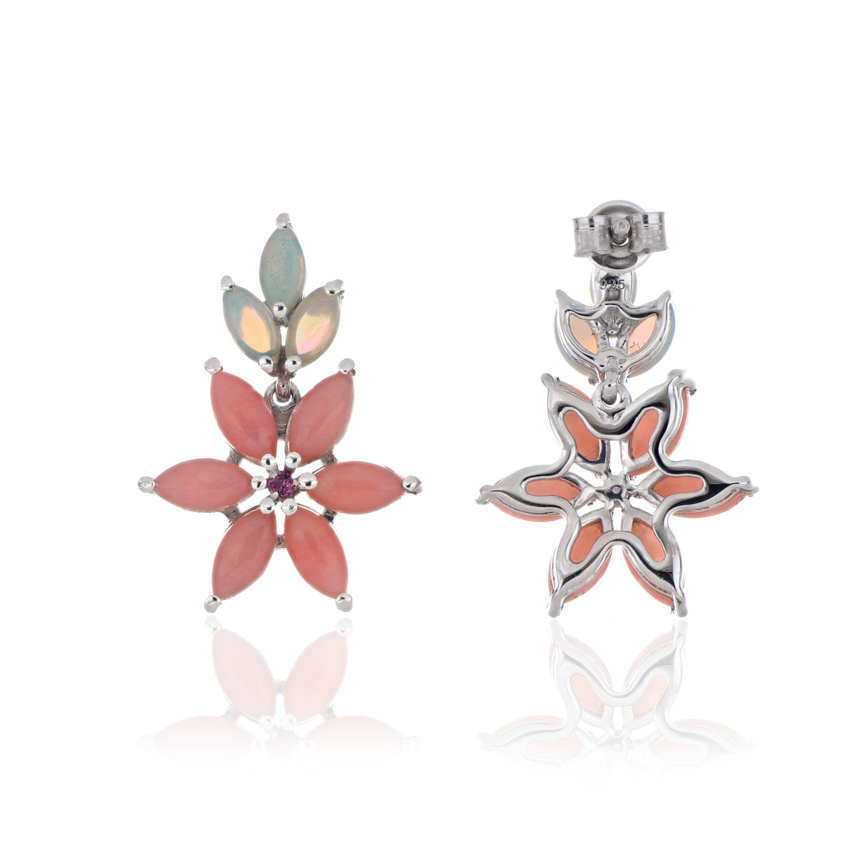 925 Sterling Silver Ethiopian Opal and Pink Opal Floral Drop Earrings