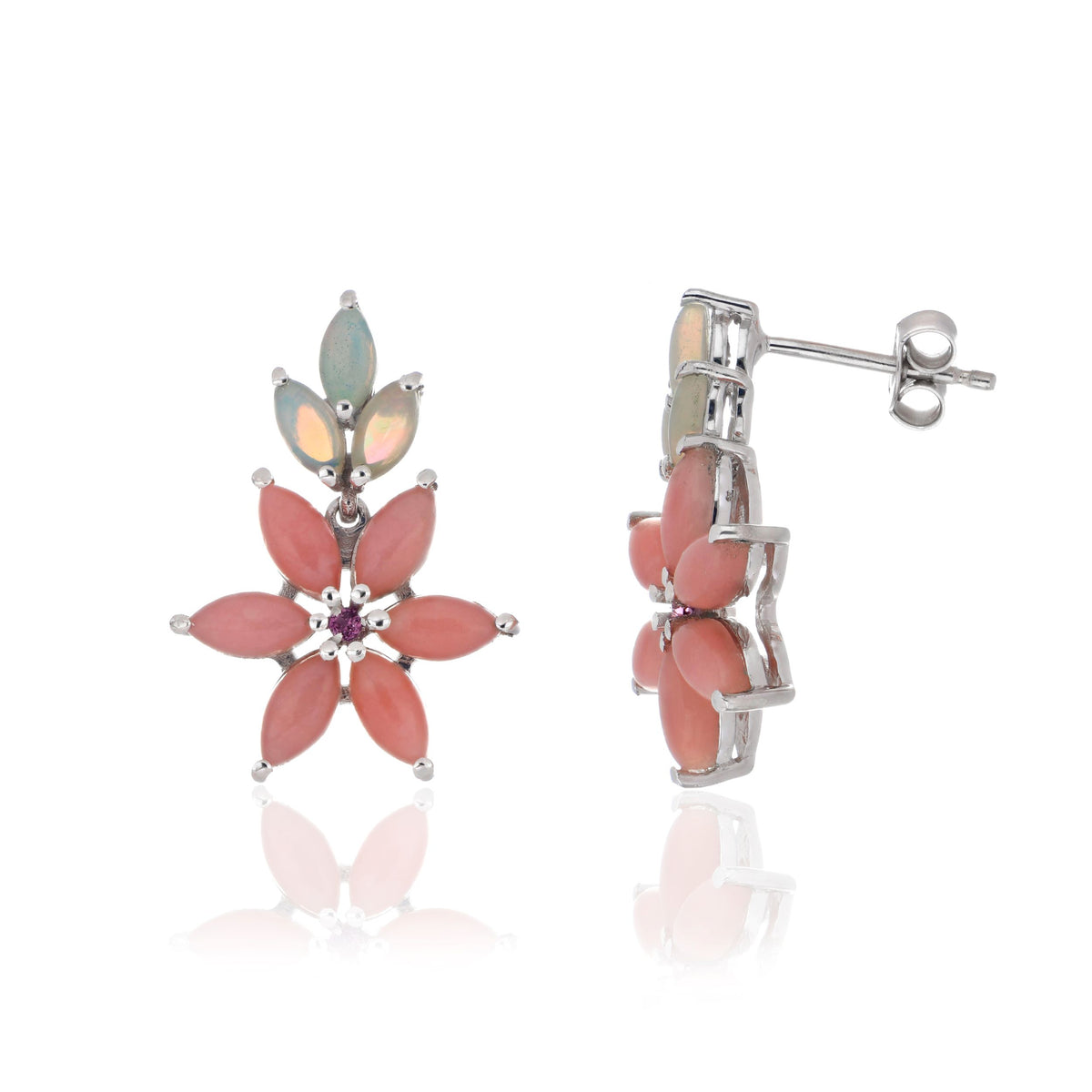 925 Sterling Silver Ethiopian Opal and Pink Opal Floral Drop Earrings