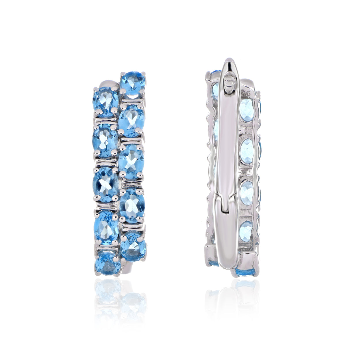 925 Sterling Silver Oval-Cut Gemstone Double Row Hoop Earrings
