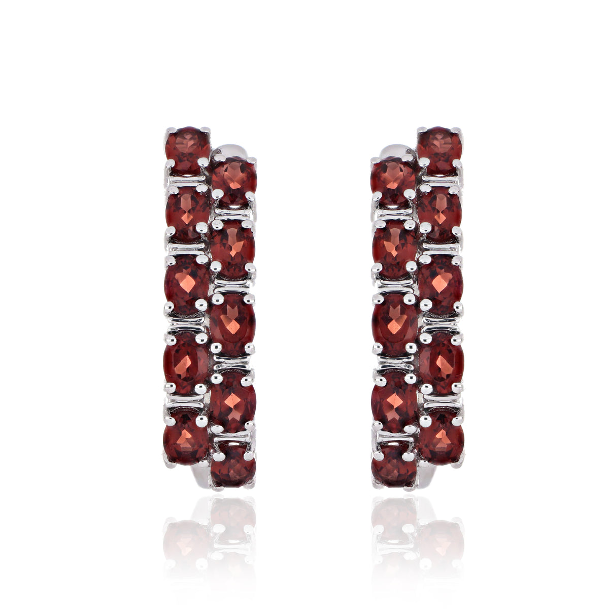 925 Sterling Silver Oval-Cut Gemstone Double Row Hoop Earrings