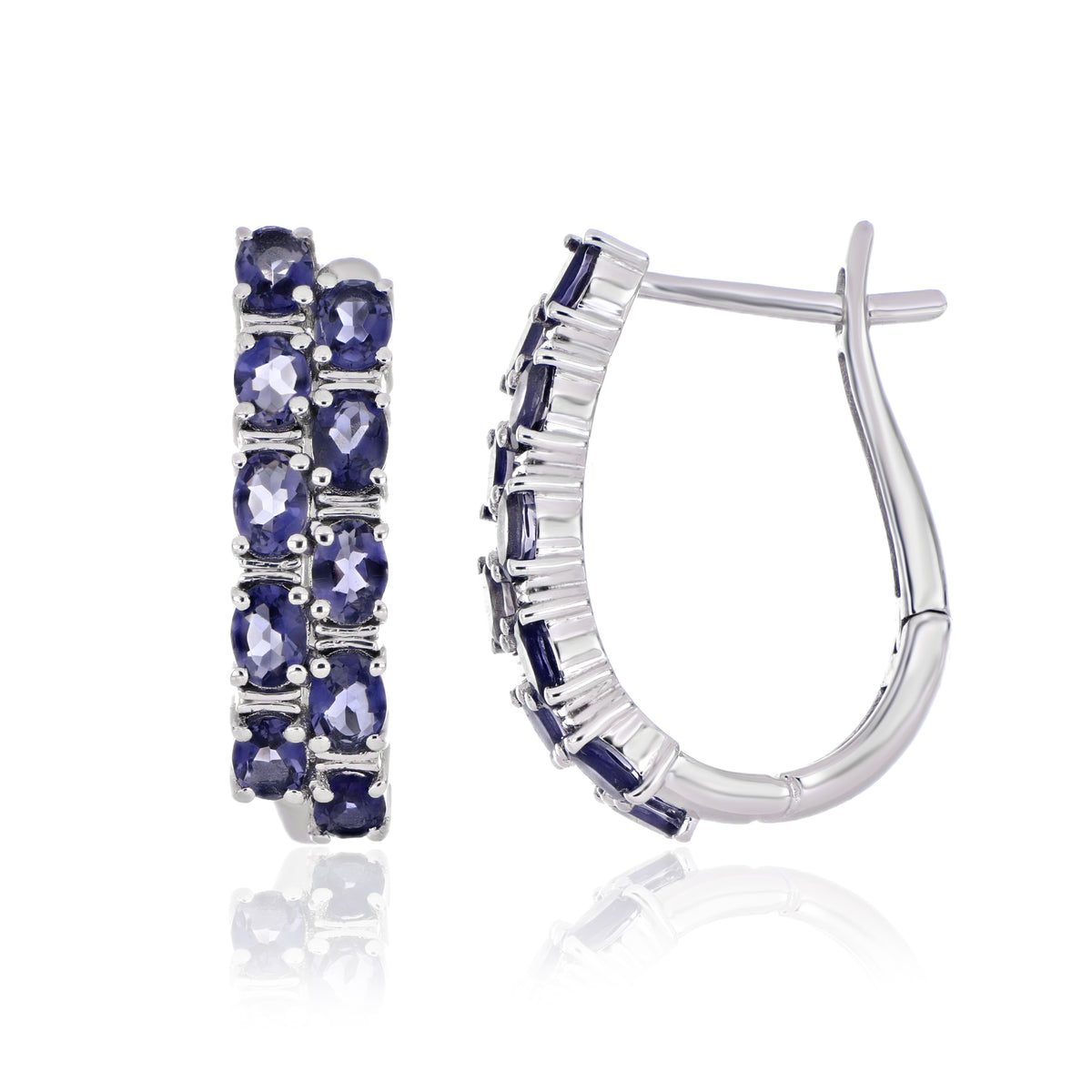 925 Sterling Silver Oval-Cut Gemstone Double Row Hoop Earrings