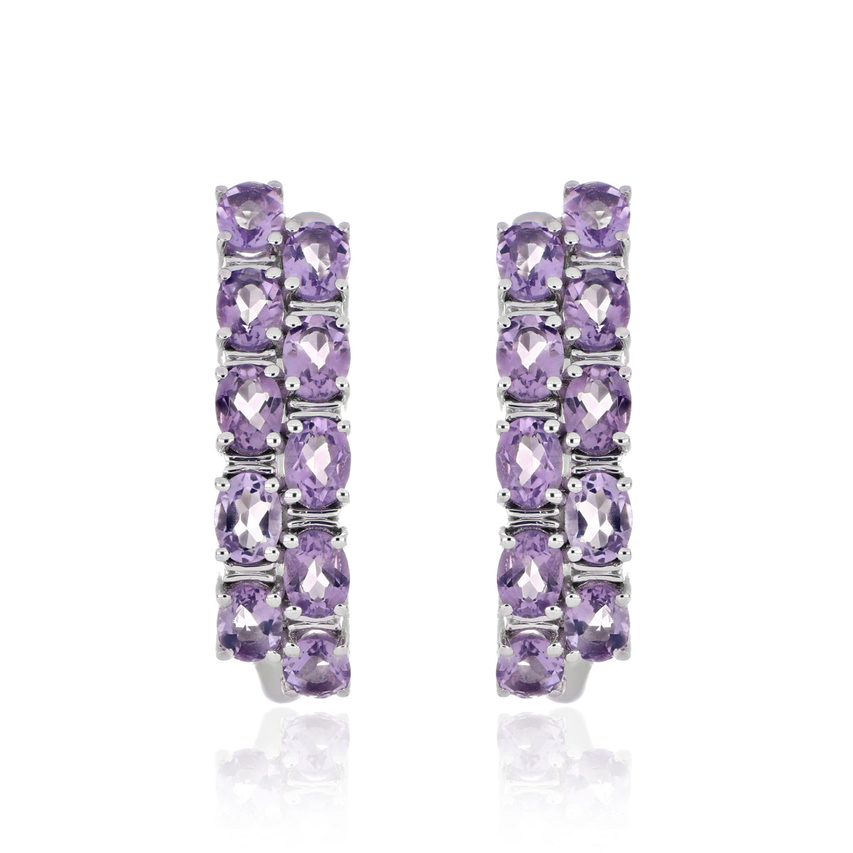 925 Sterling Silver Oval-Cut Gemstone Double Row Hoop Earrings