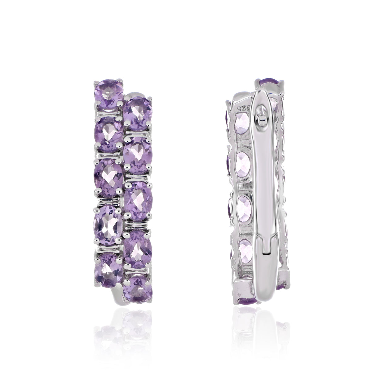 925 Sterling Silver Oval-Cut Gemstone Double Row Hoop Earrings