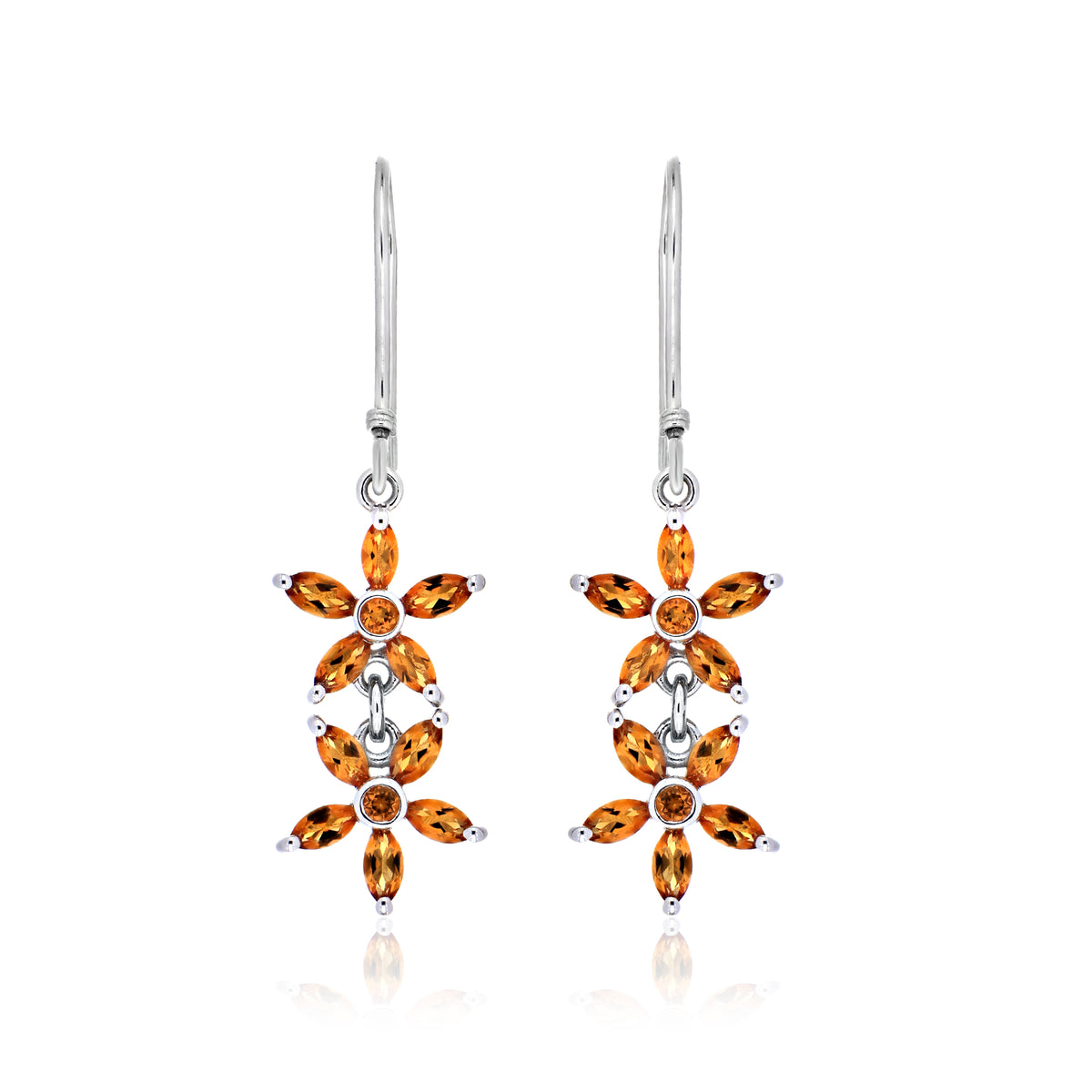925 Sterling Silver Double Floral Cluster Drop Earrings