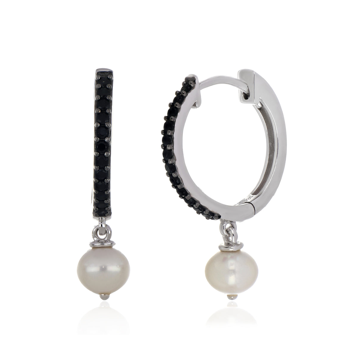 925 Sterling Silver White Pearl Drop Hoop Earrings with Black Spinel