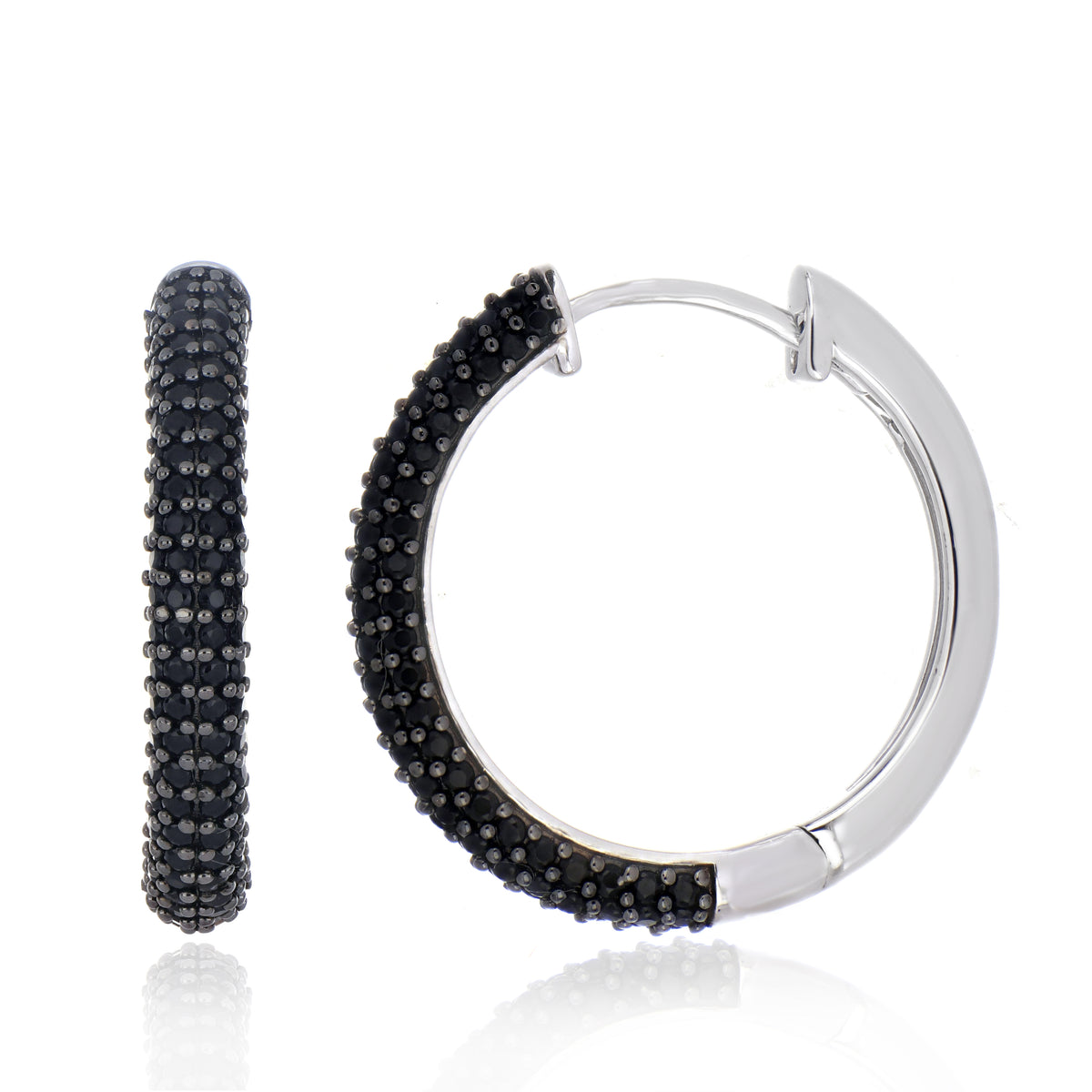 925 Sterling Silver Black Spinel Hoop Earrings