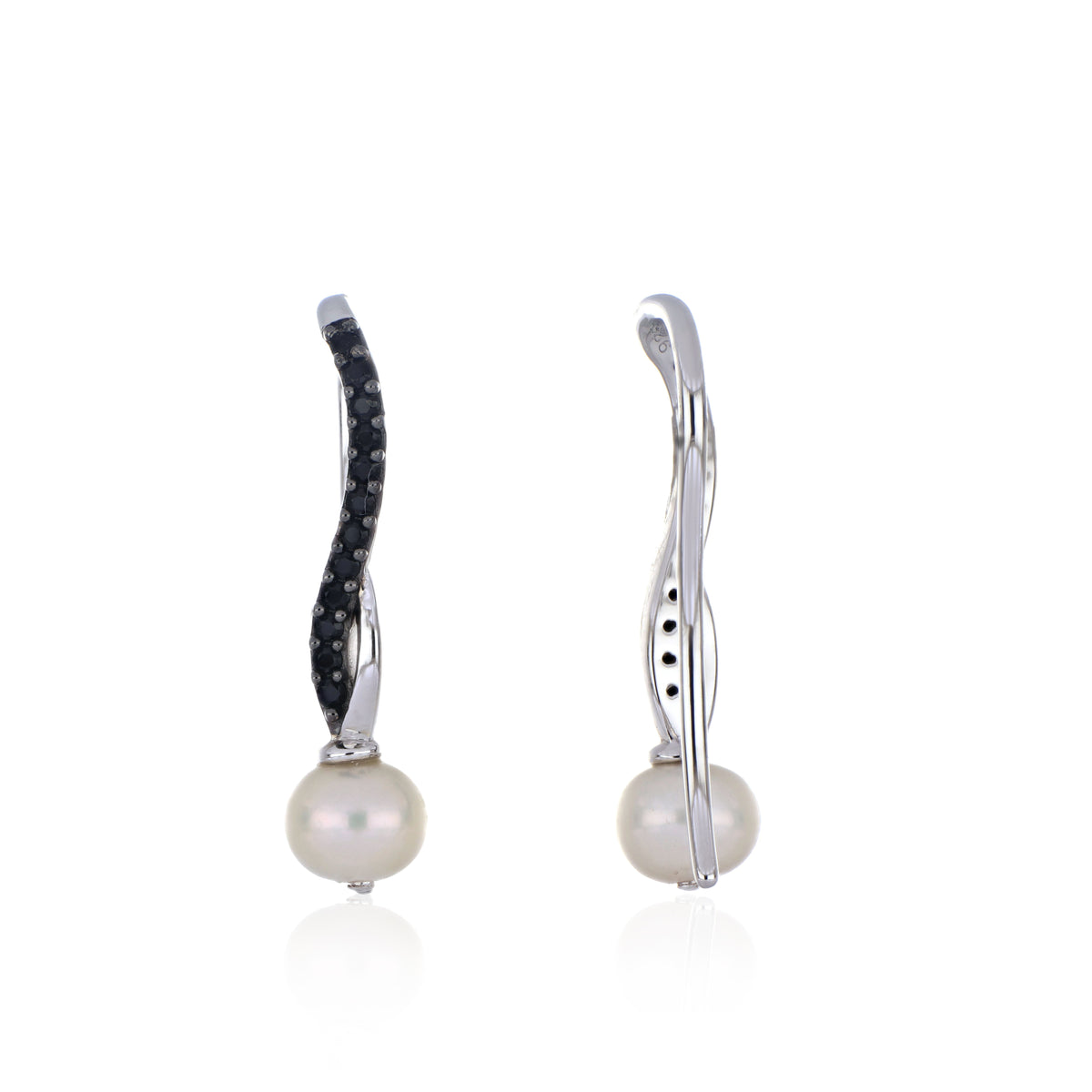 925 Sterling Silver White Pearl & Black Spinel Twist Hook Earring
