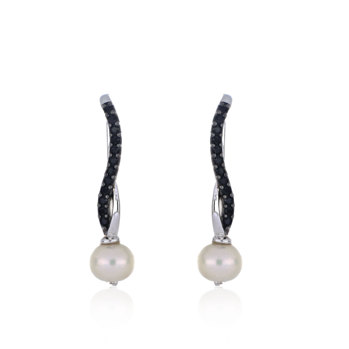925 Sterling Silver White Pearl & Black Spinel Twist Hook Earring