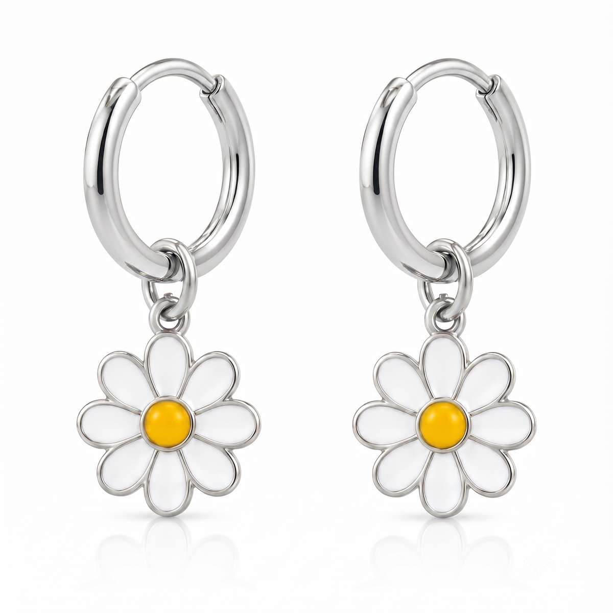 Daisy Flower Kids Hoop Earrings – White & Yellow Enamel Floral Drop Earrings