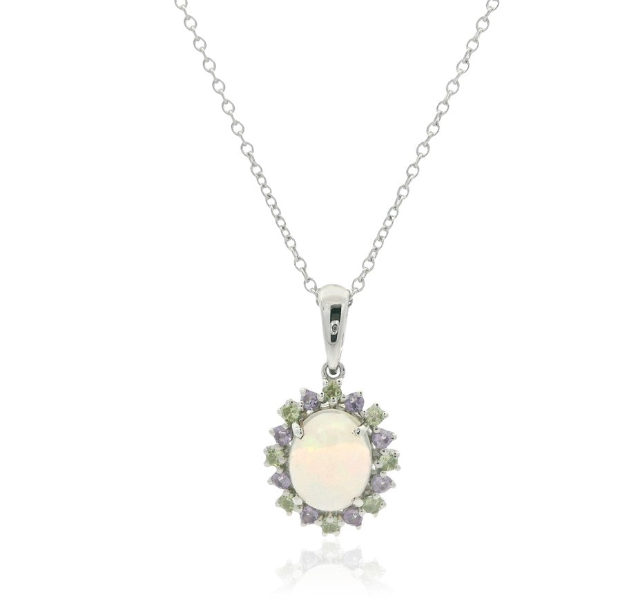 925 Sterling Silver Opal, Green & Purple Gemstone Halo Pendant