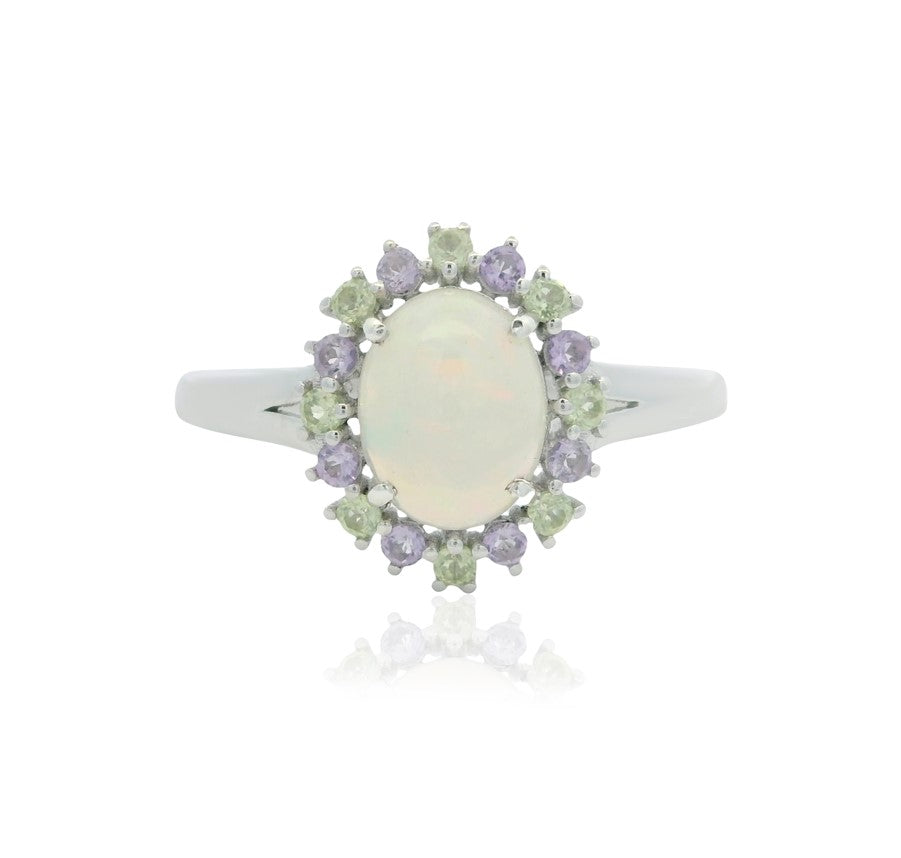925 Sterling Silver Opal, Yellow & Purple Gemstone Halo Ring