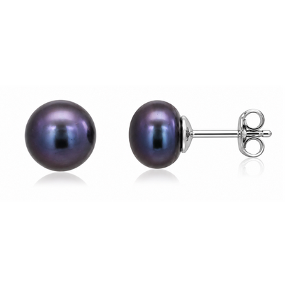 Pearl Round Button Stud Earrings White, Peacock Purple & Peacock Pearls
