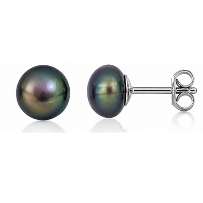 Pearl Round Button Stud Earrings White, Peacock Purple & Peacock Pearls