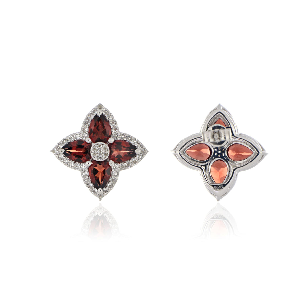 925 Sterling Silver Garnet and White Topaz Floral Cluster Earrings