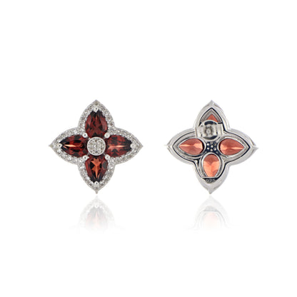 925 Sterling Silver Garnet and White Topaz Floral Cluster Earrings