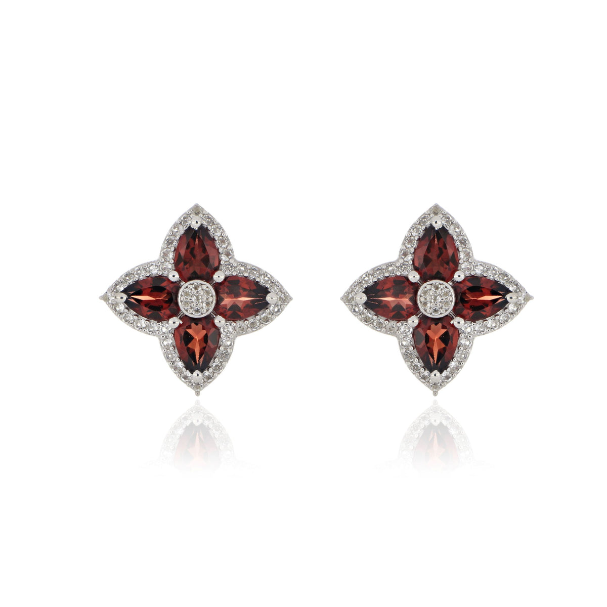 925 Sterling Silver Garnet and White Topaz Floral Cluster Earrings