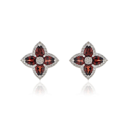 925 Sterling Silver Garnet and White Topaz Floral Cluster Earrings