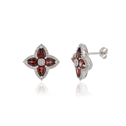 925 Sterling Silver Garnet and White Topaz Floral Cluster Earrings