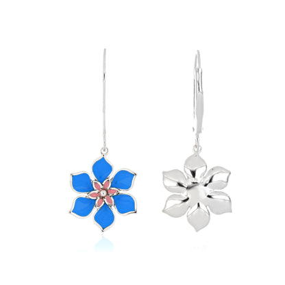 Blue and Pink Floral Enamel Lever-Back Earrings