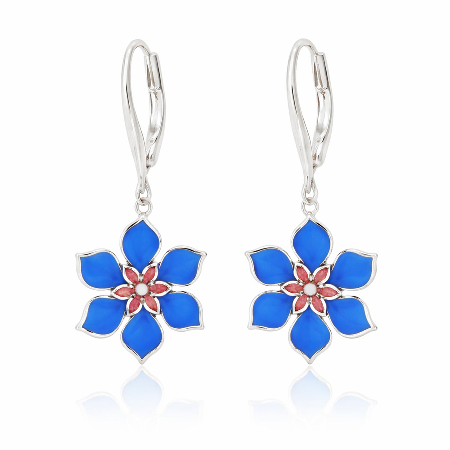 Blue and Pink Floral Enamel Lever-Back Earrings