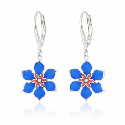 Blue and Pink Floral Enamel Lever-Back Earrings