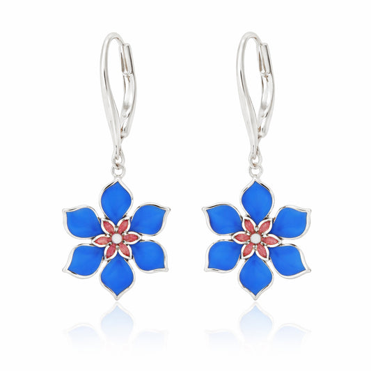 Blue and Pink Floral Enamel Lever-Back Earrings