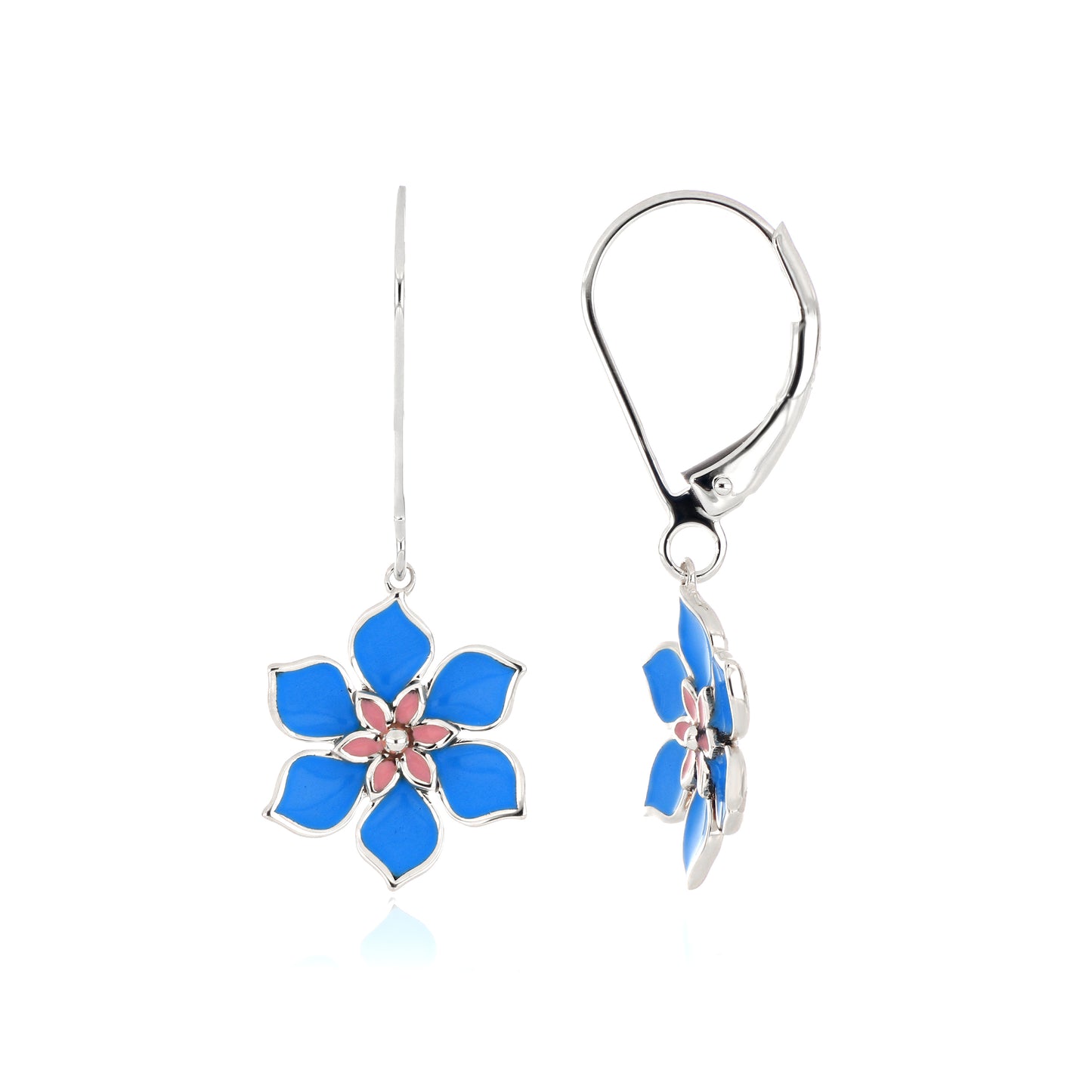 Blue and Pink Floral Enamel Lever-Back Earrings
