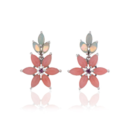 925 Sterling Silver Ethiopian Opal and Pink Opal Floral Drop Earrings