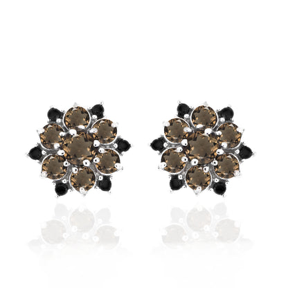 Smoky Quartz & Spinel Floral Stud Earrings