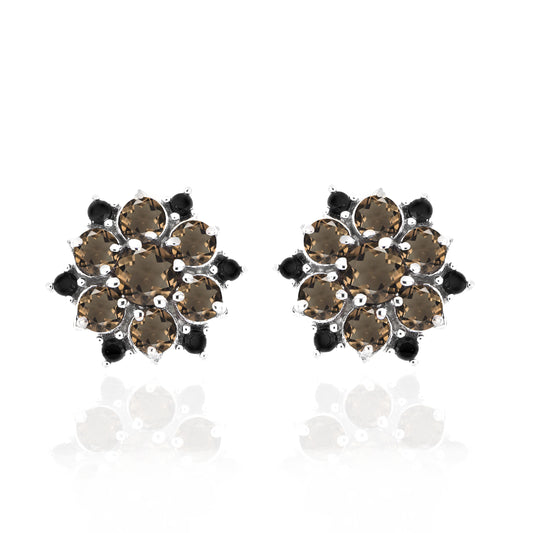 Smoky Quartz & Spinel Floral Stud Earrings