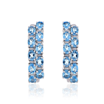925 Sterling Silver Oval-Cut Gemstone Double Row Hoop Earrings