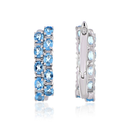 925 Sterling Silver Oval-Cut Gemstone Double Row Hoop Earrings