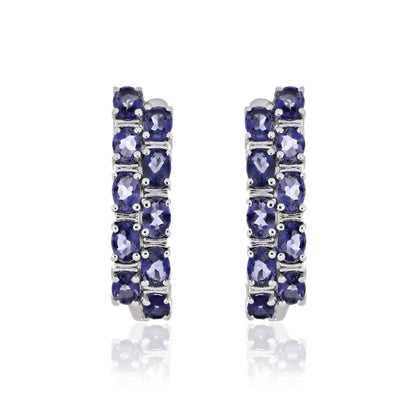 925 Sterling Silver Oval-Cut Gemstone Double Row Hoop Earrings
