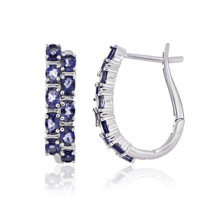925 Sterling Silver Oval-Cut Gemstone Double Row Hoop Earrings