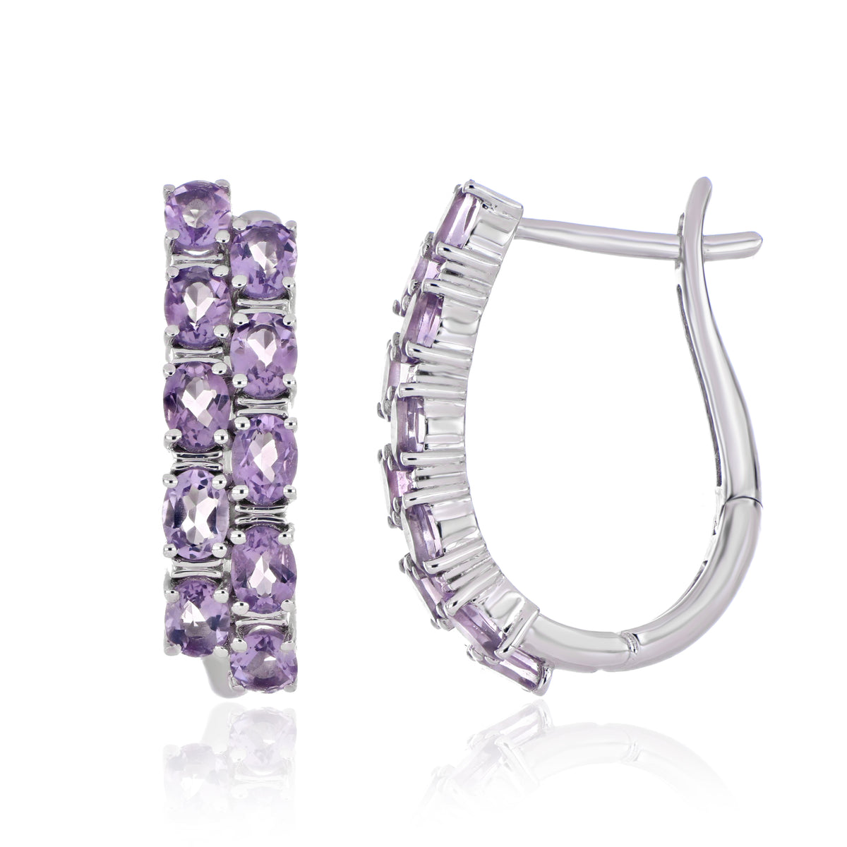 925 Sterling Silver Oval-Cut Gemstone Double Row Hoop Earrings