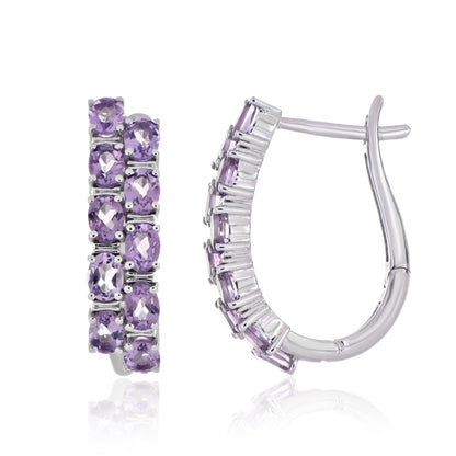 925 Sterling Silver Oval-Cut Gemstone Double Row Hoop Earrings