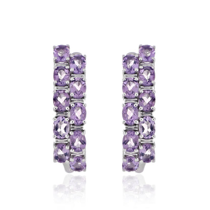 925 Sterling Silver Oval-Cut Gemstone Double Row Hoop Earrings