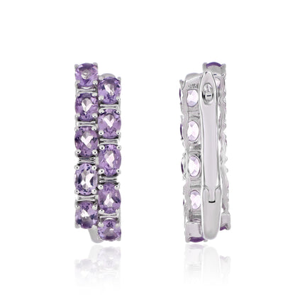 925 Sterling Silver Oval-Cut Gemstone Double Row Hoop Earrings