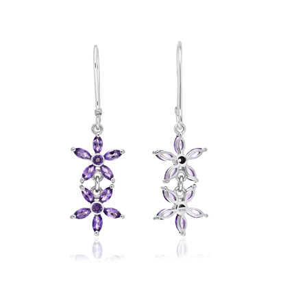 925 Sterling Silver Double Floral Cluster Drop Earrings