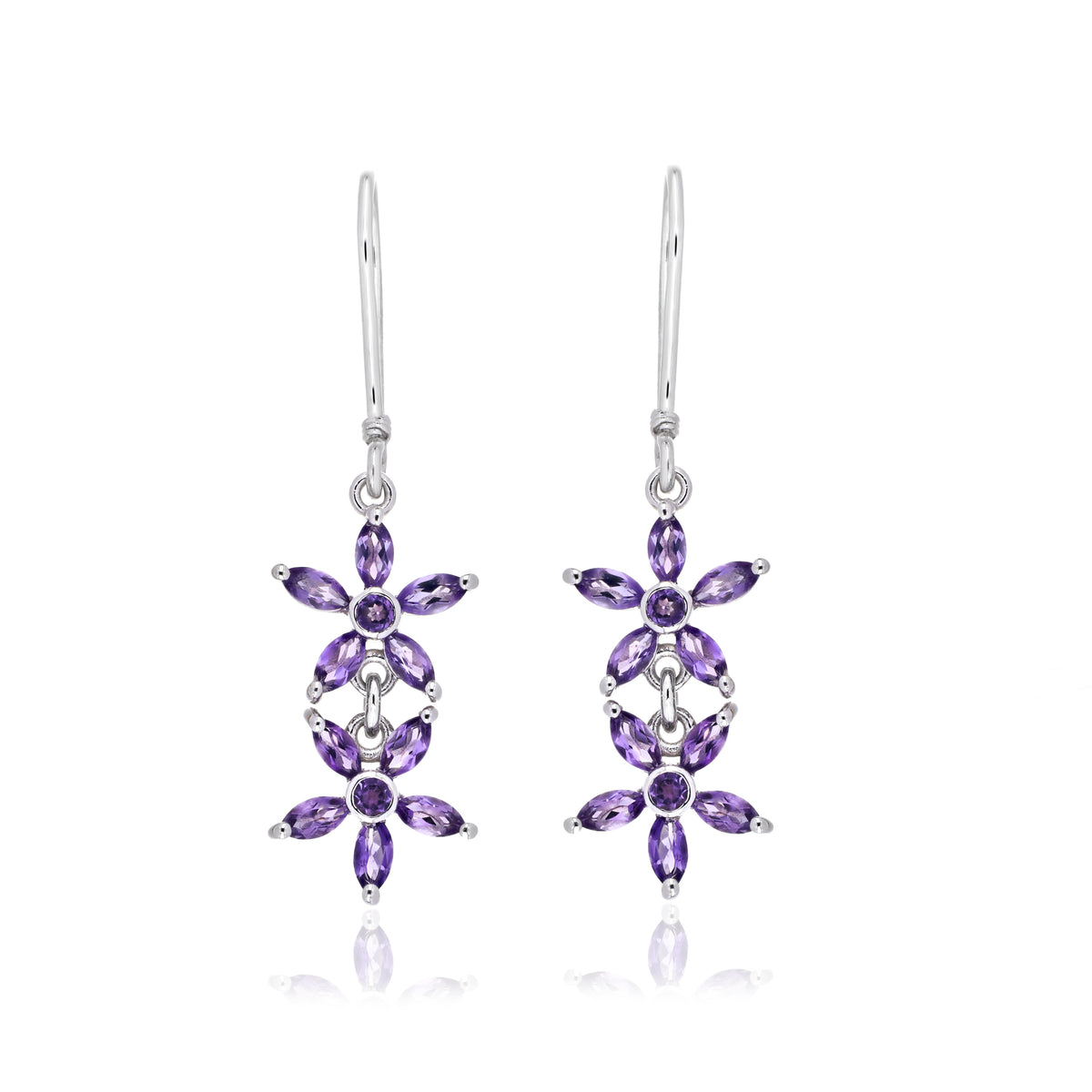925 Sterling Silver Double Floral Cluster Drop Earrings
