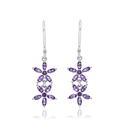 925 Sterling Silver Double Floral Cluster Drop Earrings