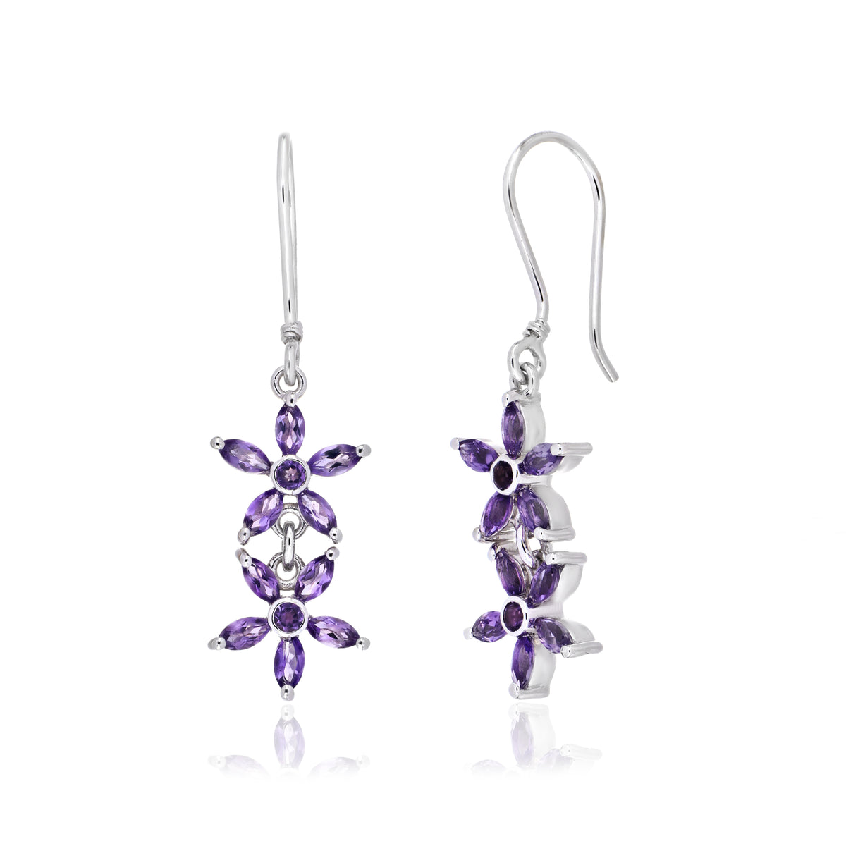 925 Sterling Silver Double Floral Cluster Drop Earrings