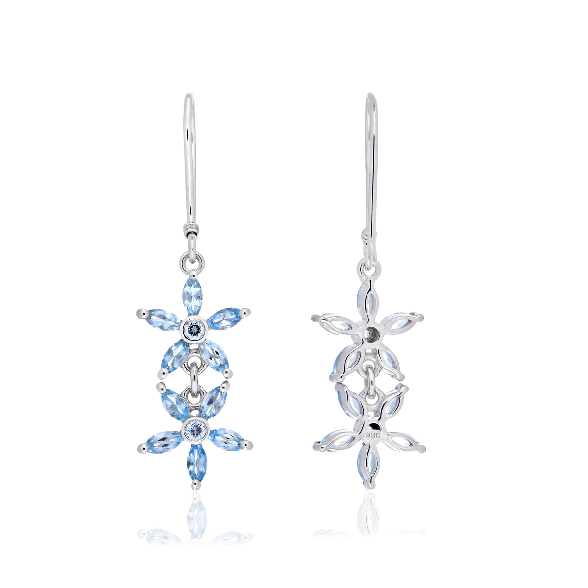 925 Sterling Silver Double Floral Cluster Drop Earrings