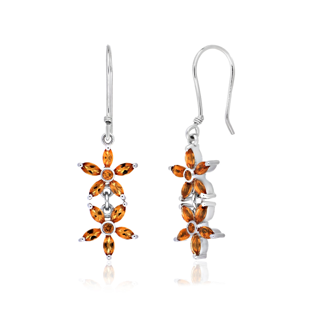 925 Sterling Silver Double Floral Cluster Drop Earrings