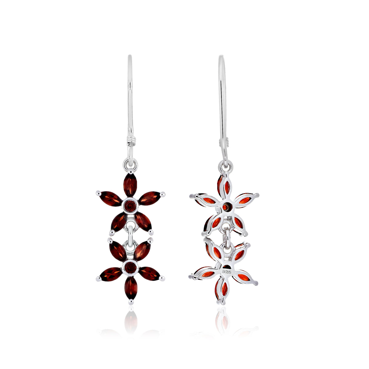 925 Sterling Silver Double Floral Cluster Drop Earrings