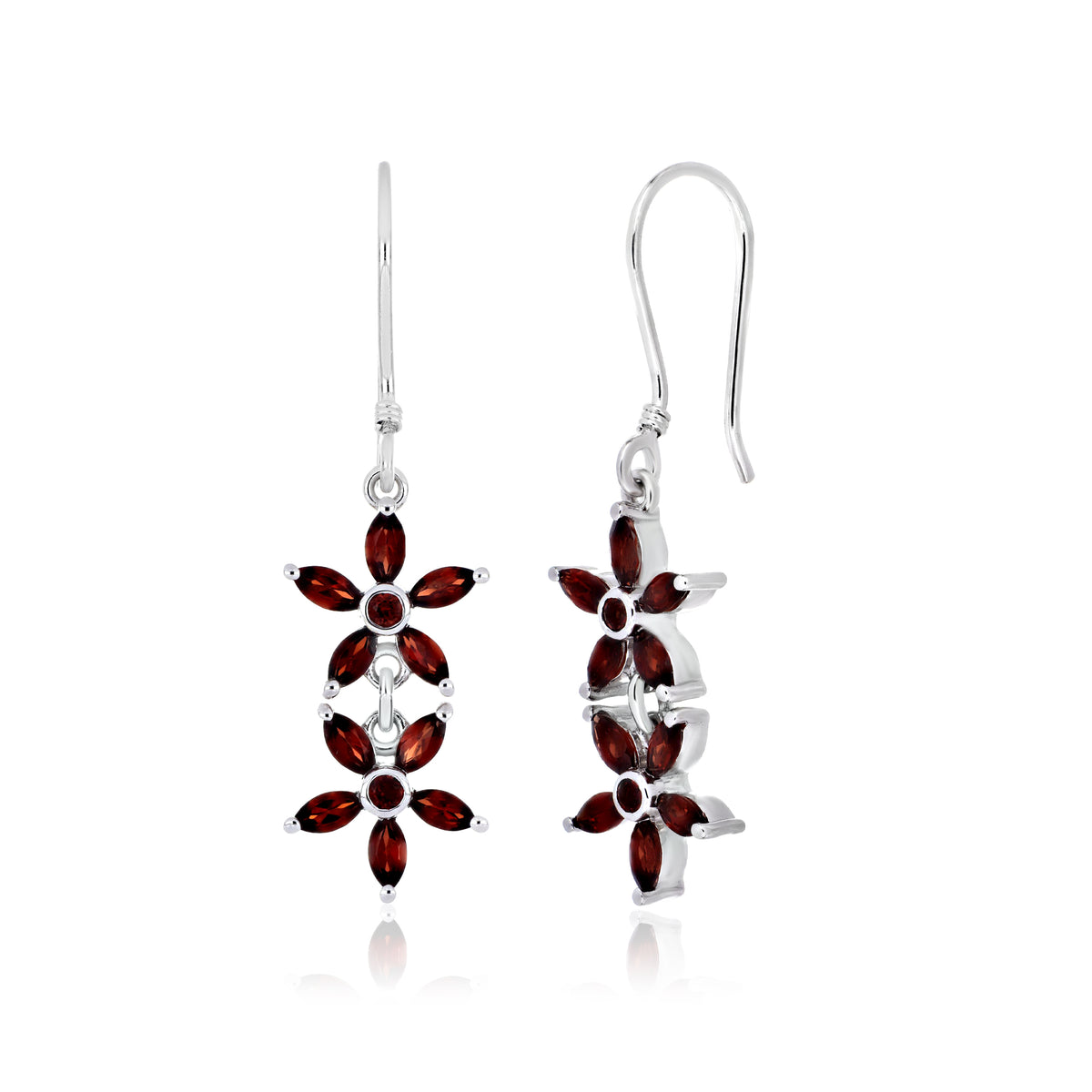 925 Sterling Silver Double Floral Cluster Drop Earrings