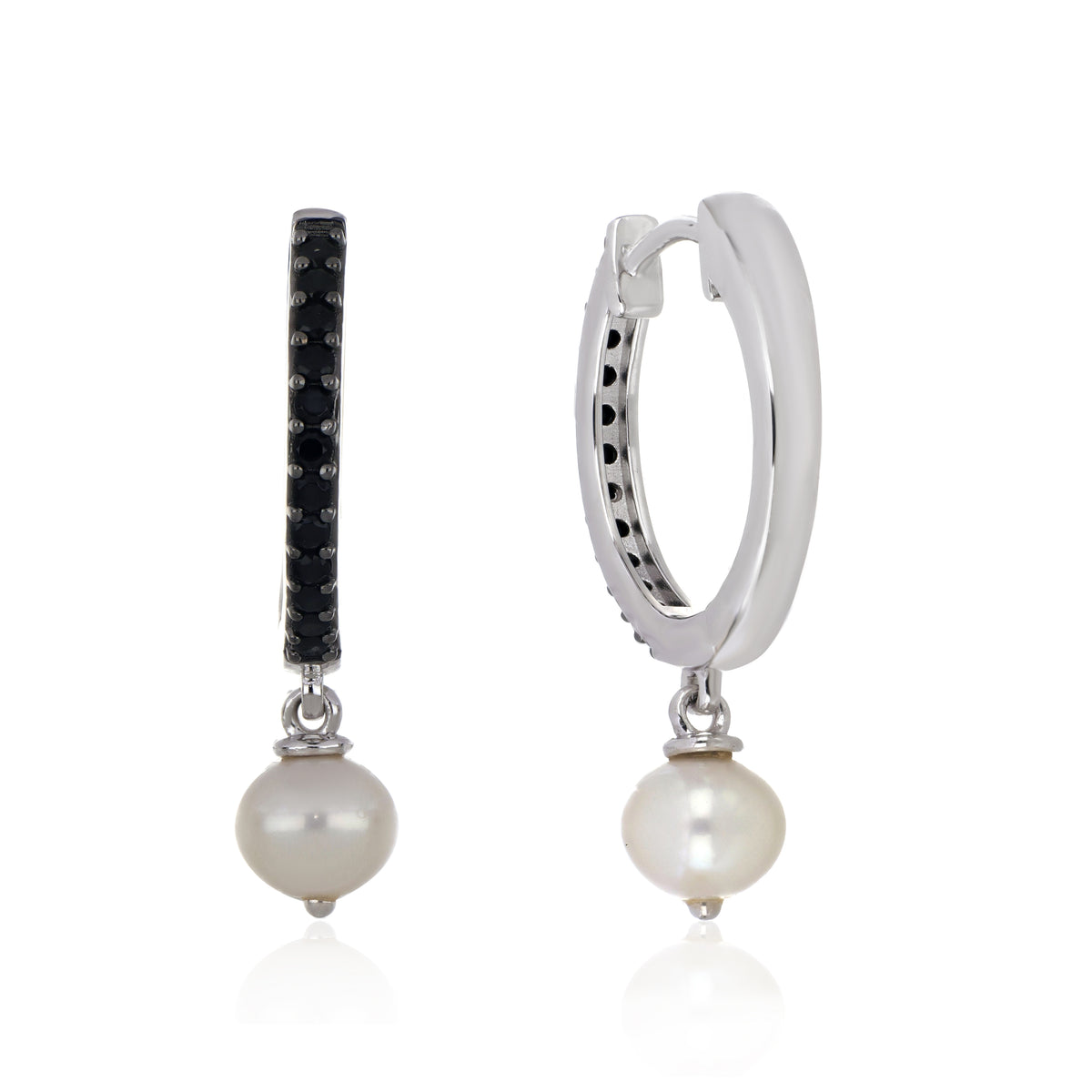 925 Sterling Silver White Pearl Drop Hoop Earrings with Black Spinel