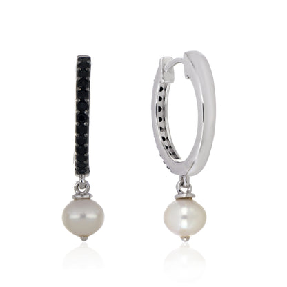 925 Sterling Silver White Pearl Drop Hoop Earrings with Black Spinel