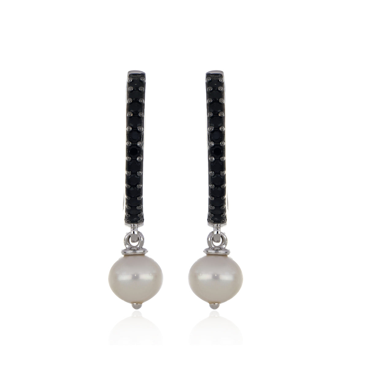 925 Sterling Silver White Pearl Drop Hoop Earrings with Black Spinel